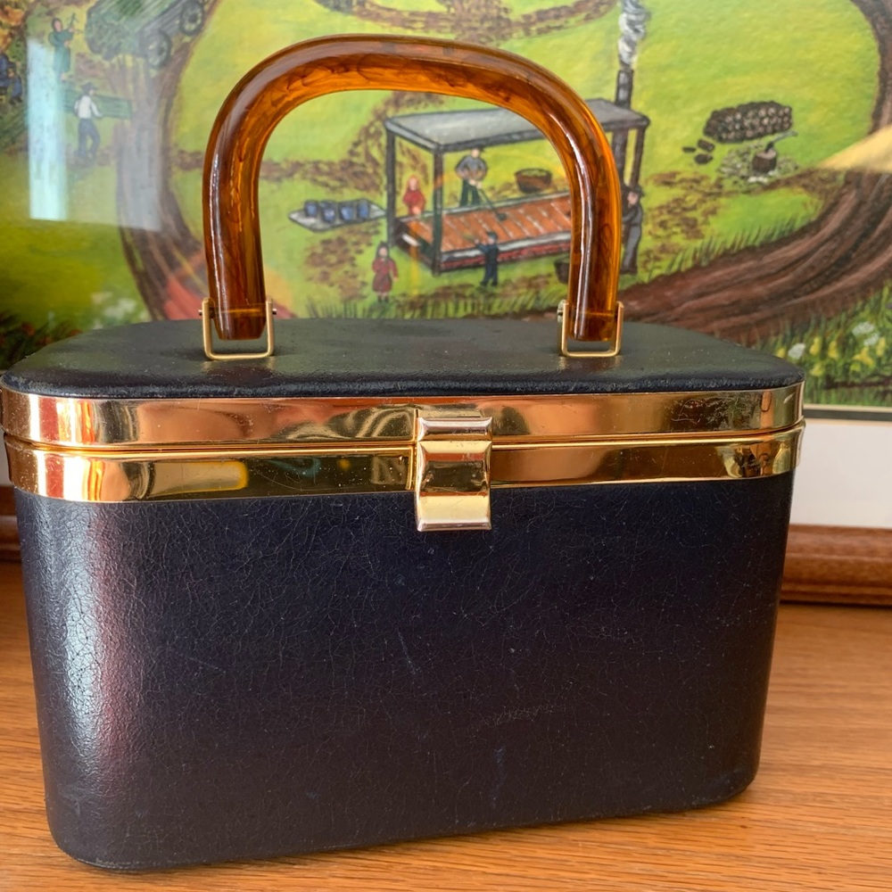 Vintage Box Purse Makeup Case Lucite Handle
